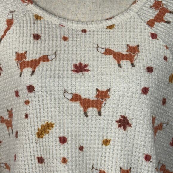 American Eagle X-Large Pajama Top Fox Print Waffle Knit Thermal Short Sleeve - Picture 2 of 9